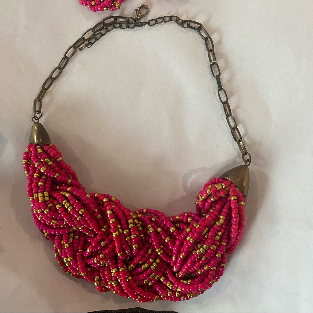 HOT PINK&GOLD HANDMADE BEADED CHUNKY NECKLACE SET